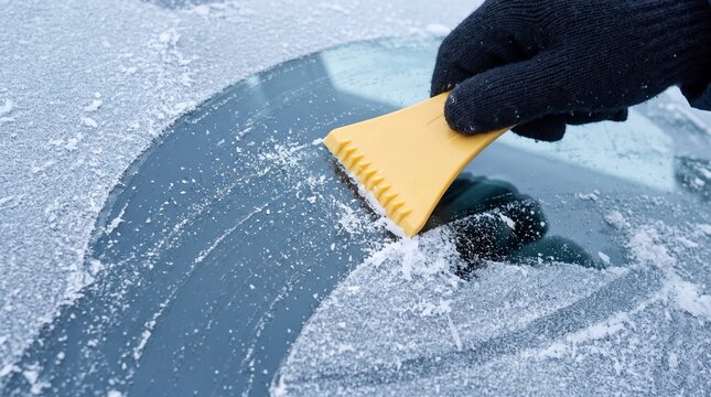 Gloved hand clearing a frosty car windshield with an ice scraper on a cold winter morning, emphasizing vehicle safety and winter preparation