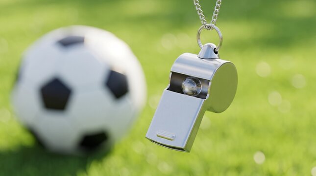 Close-up of a gleaming, polished silver metal whistle, ready for action on the soccer field, with a blurred ball in the background