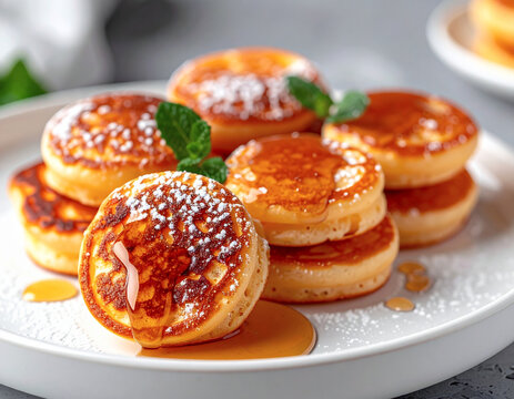 Closeup of Danish Poefferjes, mini pancakes served on a white dish. ai
