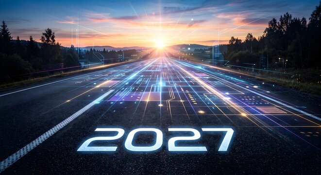 Futuristic Cyberpunk Light Trail Highway with 2027 Digital Glow