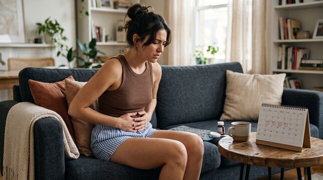 Young Woman Sitting on Sofa Suffering from Severe Stomach Pain and Menstrual Cramps at Home