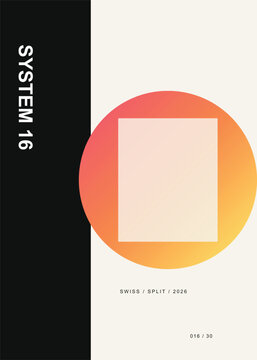 Swiss graphic design poster featuring a minimalist geometric composition with vibrant circular gradients and bold black sidebar text elements layout