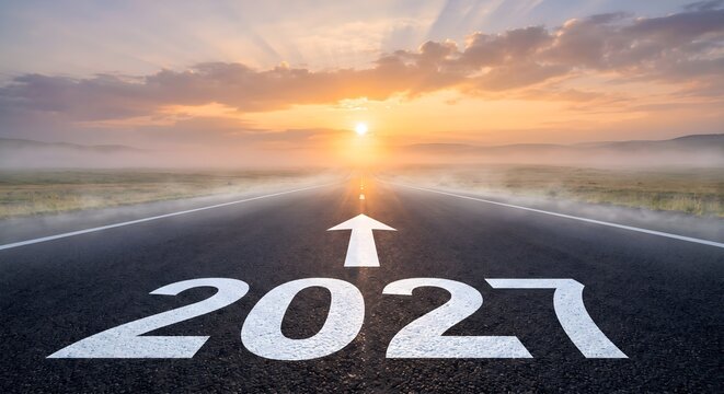 Sunset Highway Road with Directional Arrow and 2027 Text