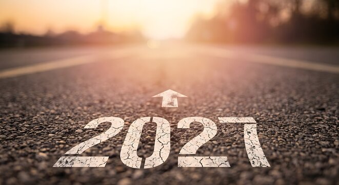 Asphalt Highway Road with Minimal Arrow and 2027 Typography