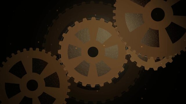 Industrial Gears Rotation Loop Featuring Bronze Mechanical Cogwheels on Dark Textured Background