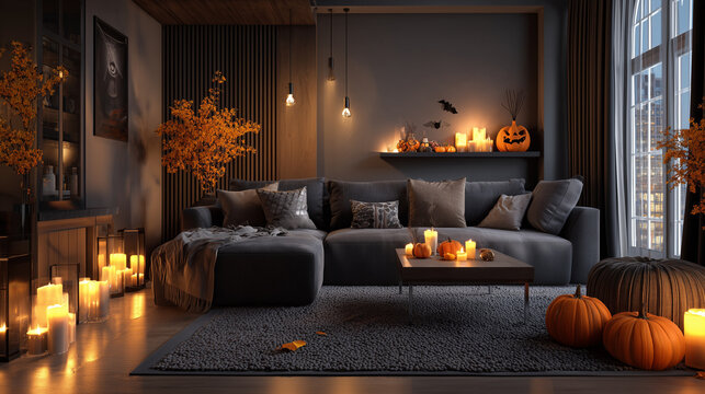 Photorealistic cozy modern living room decorated subtly for Halloween with pumpkins, candles and autumn foliage, warm lighting, sophisticated commercial interior photography, no people
