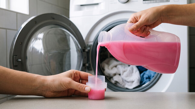 Hand pouring pink fabric softener into measuring cup in front of washing machine