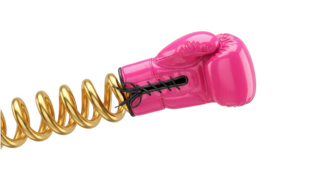 Pink boxing glove on golden spring isolated on white background for surprise punch, comedy prank gag, knockout impact and unexpected attack concept