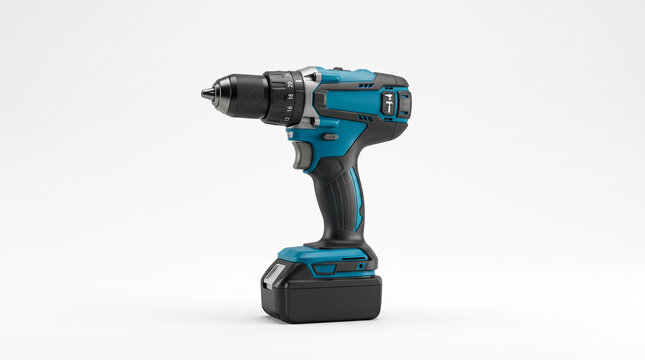 Electric cordless drill with battery pack on a white background
