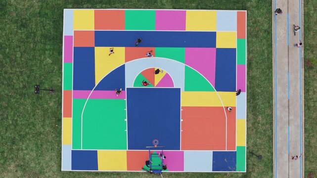 Aerial view of colorful basketball court, Dominican Republic.
