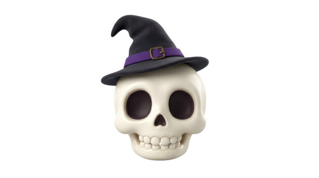 Cute skull wearing witch hat with purple buckle ribbon for spooky Halloween party decoration and cartoon game asset isolated on white background