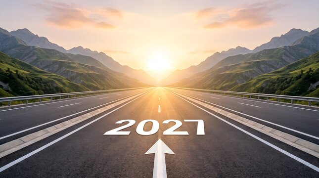 Dual Lane Mountain Highway at Sunset with Upward Arrow and 2027