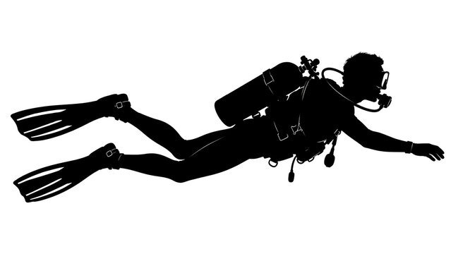 Scuba diver silhouette swimming with fins, oxygen tank and regulator, underwater adventure concept isolated on transparent background for diving, travel, and sport designs.