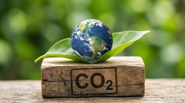 Small earth globe on leaf with co2 stamp