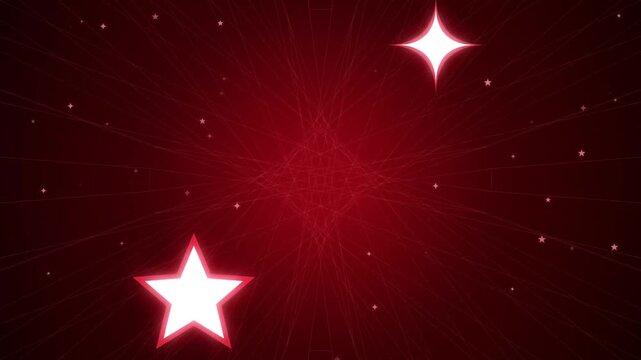 Vibrant red abstract background with glowing white stars and intricate geometric line patterns mot