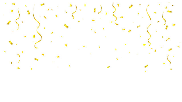 Many Falling Golden Confetti Falling on White Background. Festive Celebrations. Vector Illustration