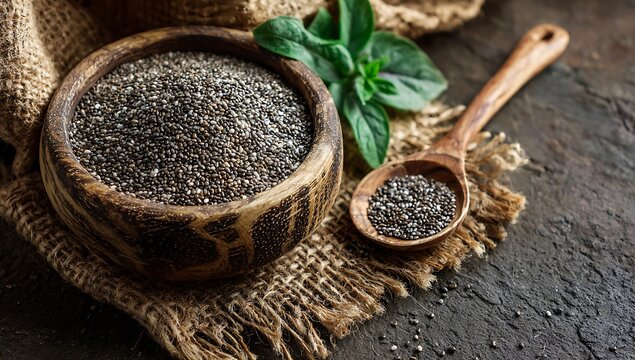 Organic chia seeds in wooden bowl with measuring spoon on rustic burlap background for healthy food branding