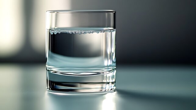 Minimalist glass of pure cold drinking water with air bubbles on grey background