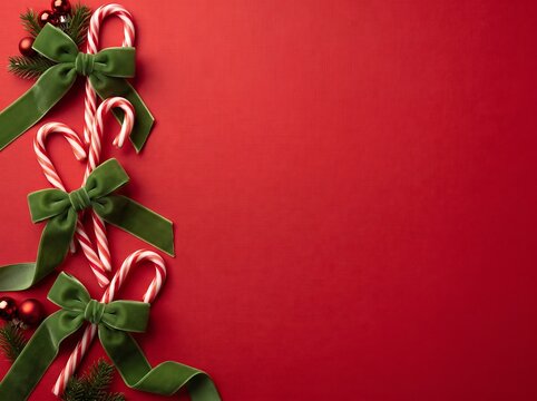 ia generated.  Festive Christmas border flat lay with pine branches, ornaments, and holiday decorations on a vibrant red background with copy space.