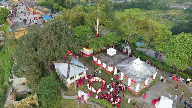 Aerial view of Deuda dance at Badimalika temple, Nepal.
