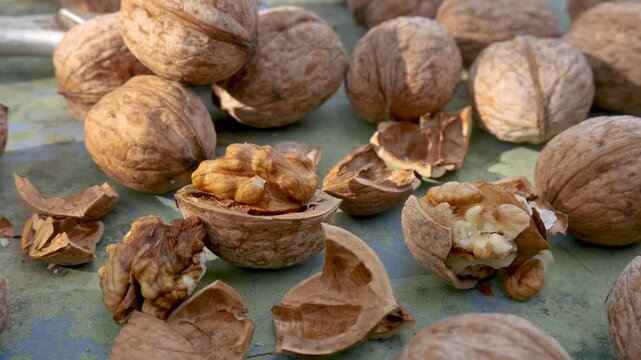 Broken walnuts lie open among shell debris. Concept of imperfection and simplicity. Natural nutrition. Contrast between rough shell and tender core. Honest raw texture. Outdoor rural context