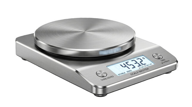 Digital kitchen scale made of stainless steel with blue backlit LCD display on surface.