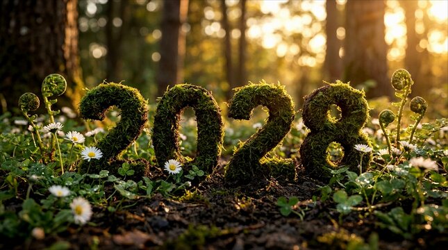 2028 year moss numbers photo in forest with white flowers and sunlight, New Year greeting concept