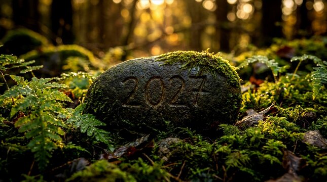 2027 year number carved on mossy stone in magical forest photo with sun rays