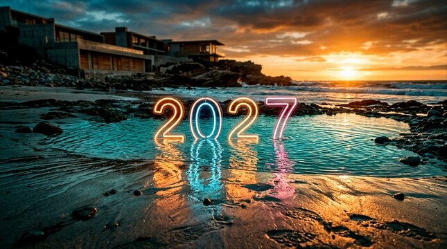 2027 neon sign glowing on a scenic beach at sunset with ocean water reflection and modern coastal architecture