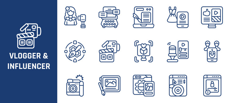 Vlogger and influencer vector icon set featuring creative media production tools for modern digital marketing strategies