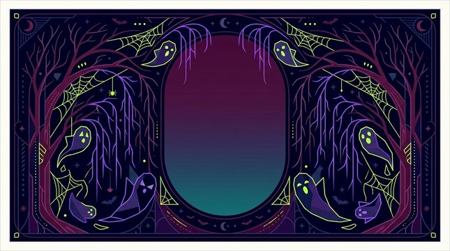 Halloween background vector with spooky forest, ghosts, cobwebs and copy space in neon colors