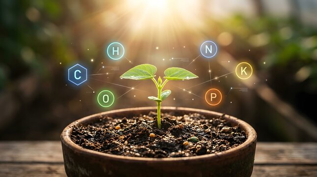 Young green plant sprout growing in pot under warm sunlight with essential nutrients icons nitrogen phosphorus potassium carbon hydrogen oxygen