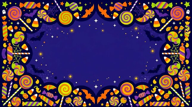 Halloween background vector illustration with candy frame, bats, and copy space