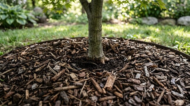 Wood Chip Mulch Ring Around a Young Tree Trunk in a Backyard