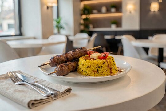 Chelo Kebab with grilled meat skewers and saffron rice butter on white plate. Concept of cozy restaurant atmosphere, soft warm lighting, blurred background, modern decor.