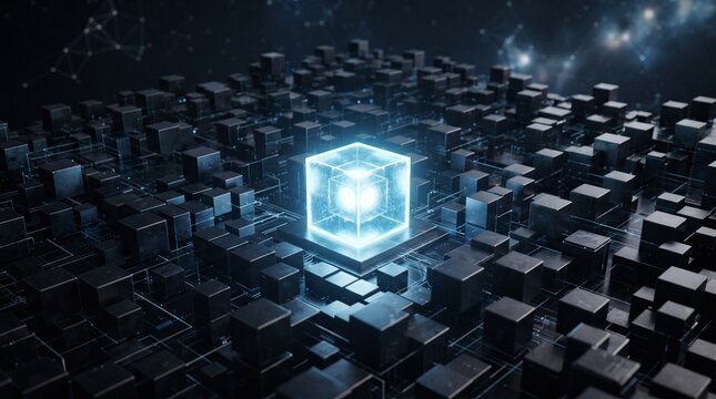 Glowing digital cube floating above a dark complex data city network grid with glowing light