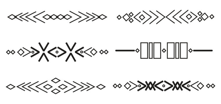 Black fantasy divider set vector displays ornamental tribal line borders for magic book chapter decoration. Minimal geometric vintage line ornaments are isolated on a clean white background.