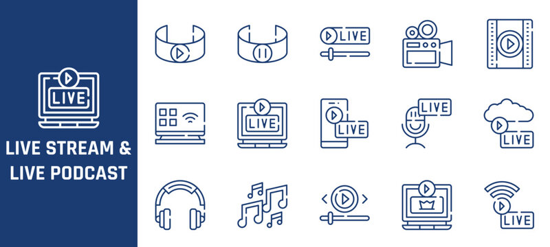 Linear vector graphic icon set displaying diverse live streaming and digital podcast media communication technology tools