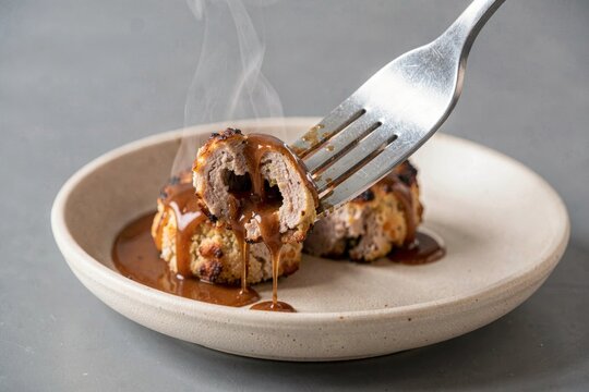 Frikadeller on plate, pork meatballs with onions, breadcrumbs, spices, beautifully presented with rich sauce. Concept of food photography highlighting savory dish appeal.