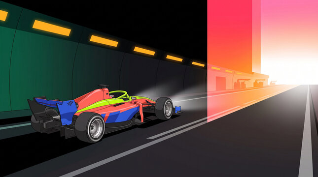F1 car driving through a tunnel with vibrant colors and light  