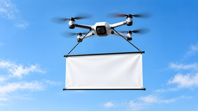 A quadcopter drone flies through a clear blue sky carrying a blank white advertising banner. The hanging canvas provides a clean space for custom promotional text. Vector mockup element.