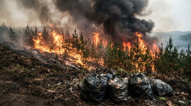 Closeup of black trash bags in a forest clearing with a raging wildfire burning through pine trees in the background, creating thick dark smoke