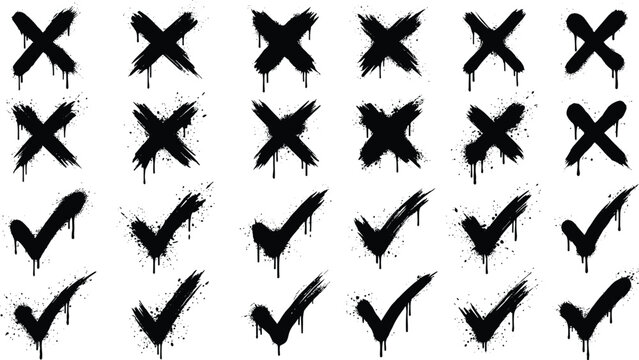 Collection of black x marks and checkmarks with dripping paint on white