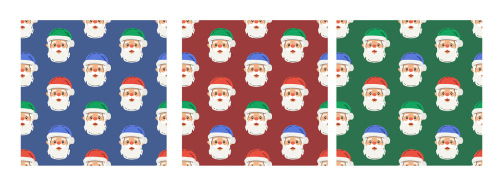 Santa Claus seamless background. Christmas Character Faces. Colorful cartoon vector