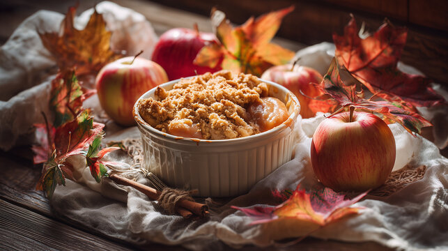 Photorealistic warm apple crumble dessert with cinnamon and caramel, surrounded by fresh apples and autumn leaves, cozy seasonal food styling, natural daylight, premium commercial food photography