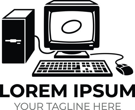 Retro old desktop computer setup badge design featuring crt monitor keyboard mouse and tower workstation logo vector