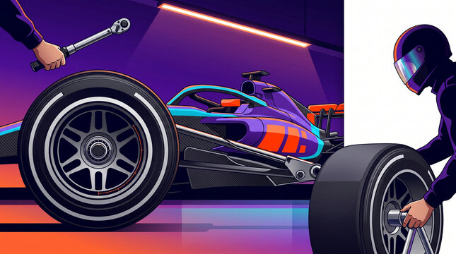 Mechanics working on F1 car in garage with tools and tires  