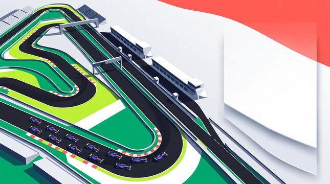Aerial view of Formula 1 racing circuit with colorful track layout  