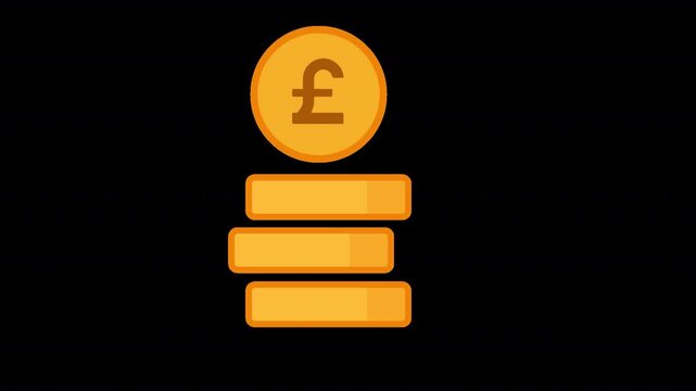 Animated British pound coin stack graphic showing a pound coin above layered currency bars on a transparent background. Six-second motion graphic for savings, wealth, finance, and business content.