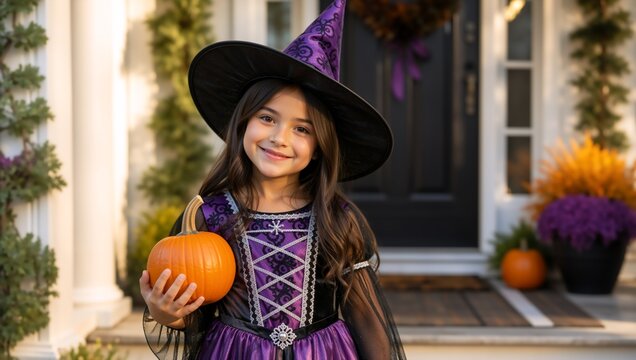 Smiling young girl in a purple witch costume holding a pumpkin. Child Halloween portrait on a decorated house porch
